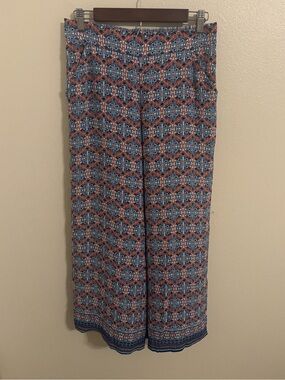 Max Studio Blue and Orange Floral-Geo Elastic Waist Pants